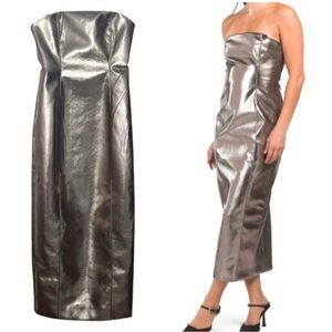 NWT 7 For All Mankind Metallic Faux Leather Bustier Midi Strapless Dress